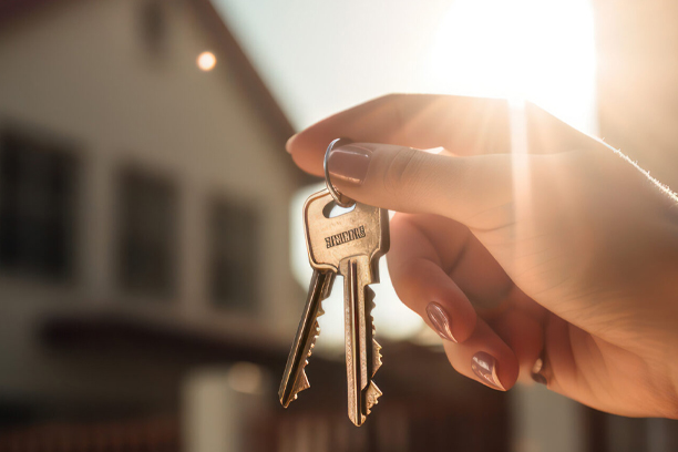 Woman Holding Keys with House in the Backdrop