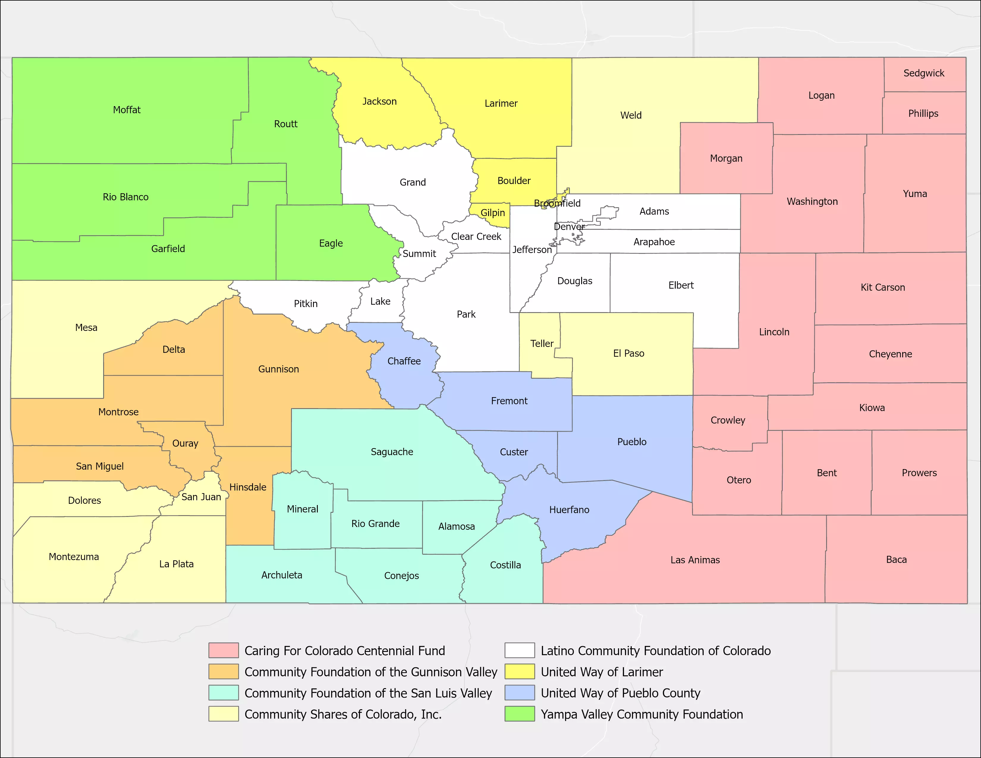 Map of Colorado showing areas that different regional access partners are funding